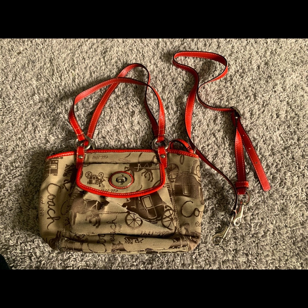 Coach purse with red and tan carriage print.
